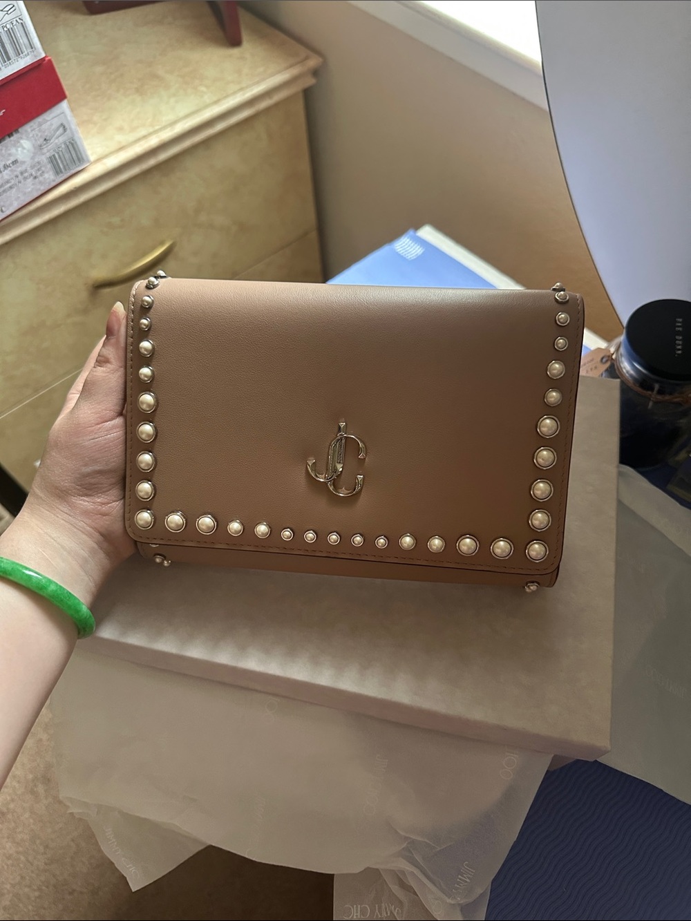 Jimmy Choo Tan Pearl-Trim Leather Crossbody Bag